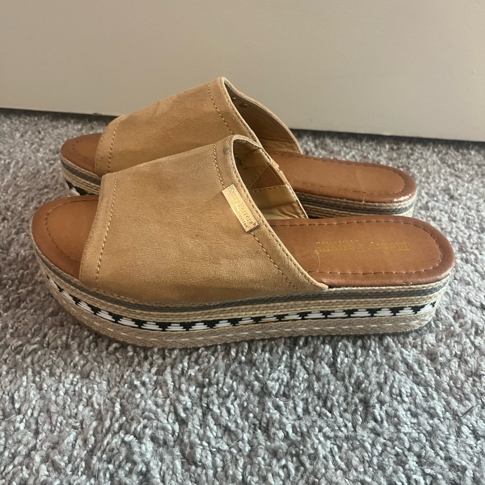 Tan Faux Suede Platform Slide Sandals